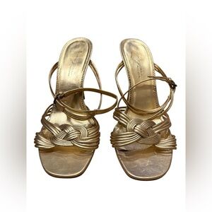 Vince Camuto Imagine Braided Knot Open-Toe Heels in Gold Size 10